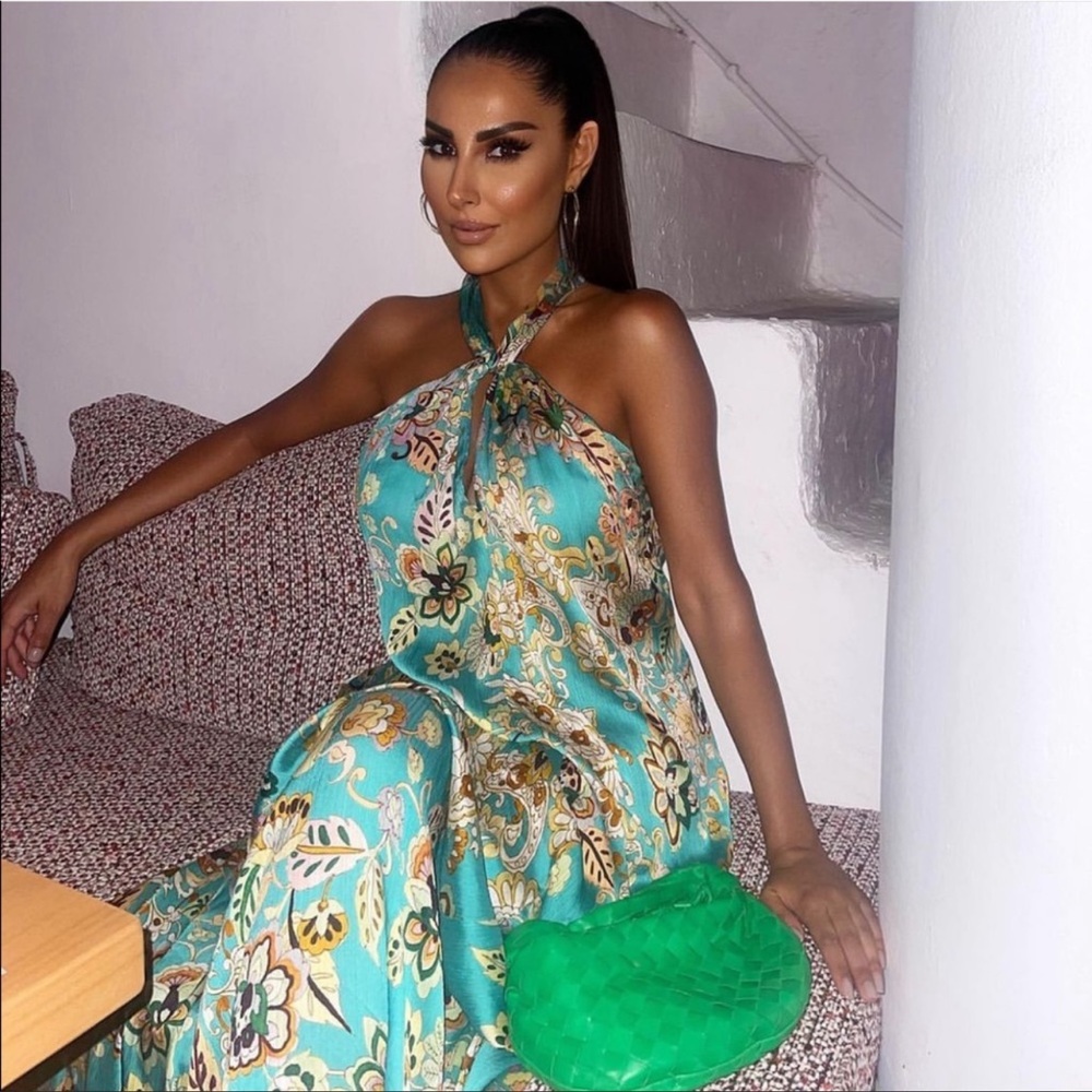 Zara Teal Floral Halter Maxi Dress with Green Clutch